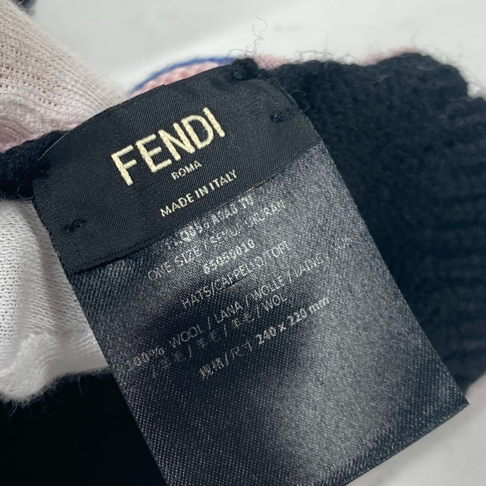 FENDI FXQ056 ポンポン付き ロゴ ビーニー 帽子 ニット帽 ニットキャップ ニット帽 ウール レディース ブラック - brandshop-reference