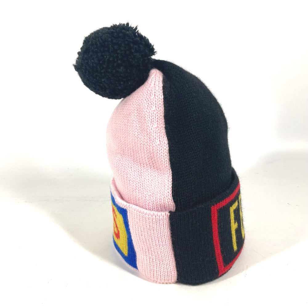 FENDI FXQ056 ポンポン付き ロゴ ビーニー 帽子 ニット帽 ニットキャップ ニット帽 ウール レディース ブラック - brandshop-reference