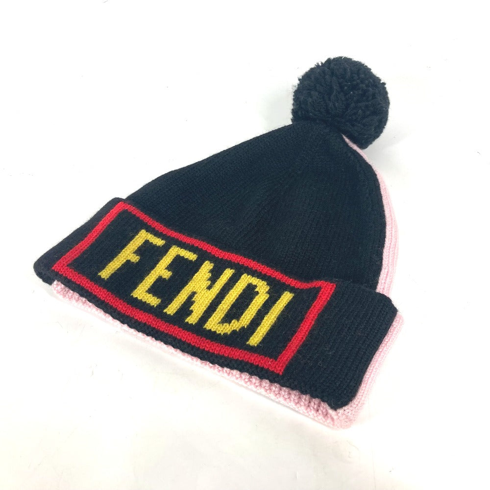 FENDI FXQ056 ポンポン付き ロゴ ビーニー 帽子 ニット帽 ニットキャップ ニット帽 ウール レディース ブラック - brandshop-reference