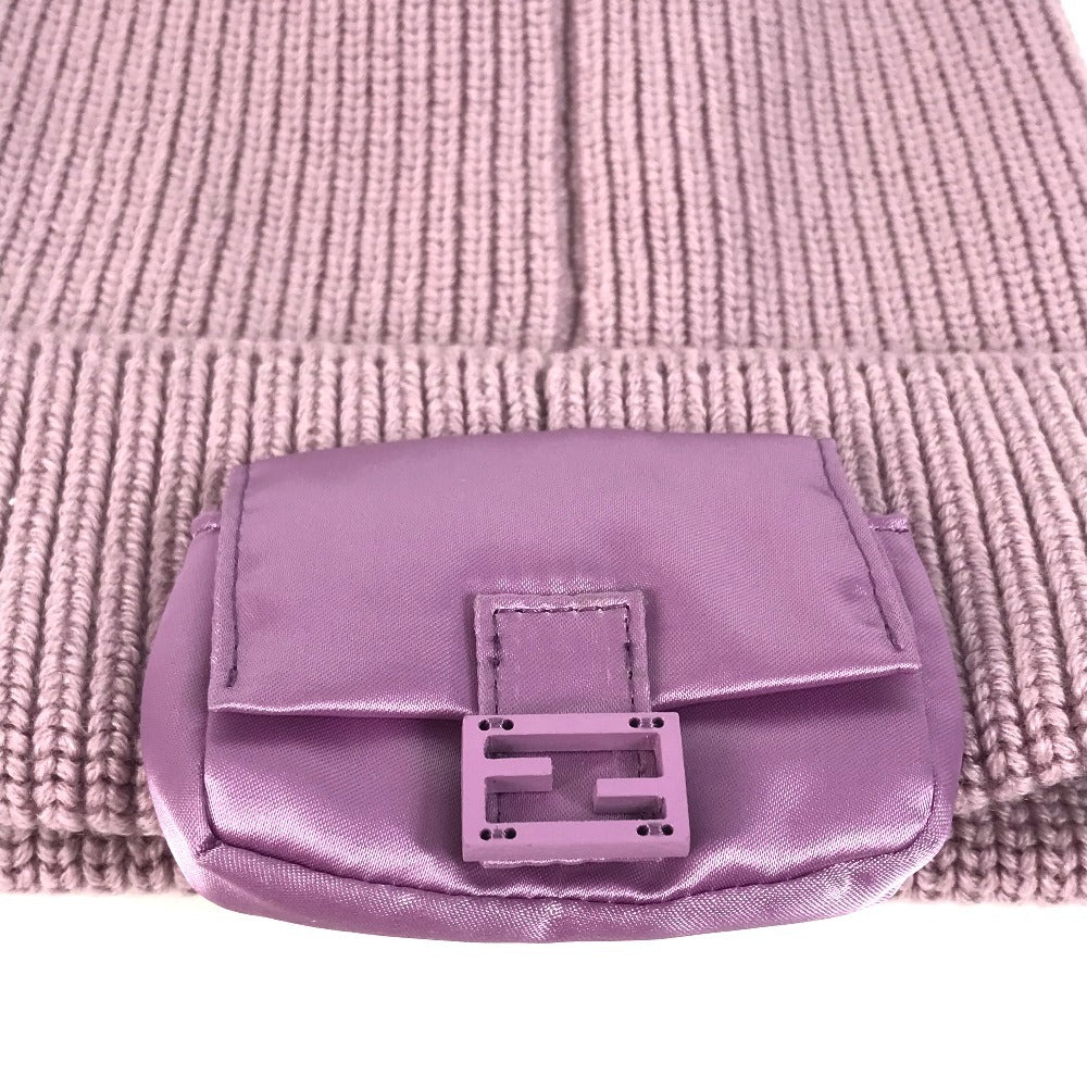 FENDI FXQ938 バケットバッグデザイン ロゴ ポケット付き ビーニー 帽子 ニット帽 ニットキャップ ニット帽 ウール レディース パープル