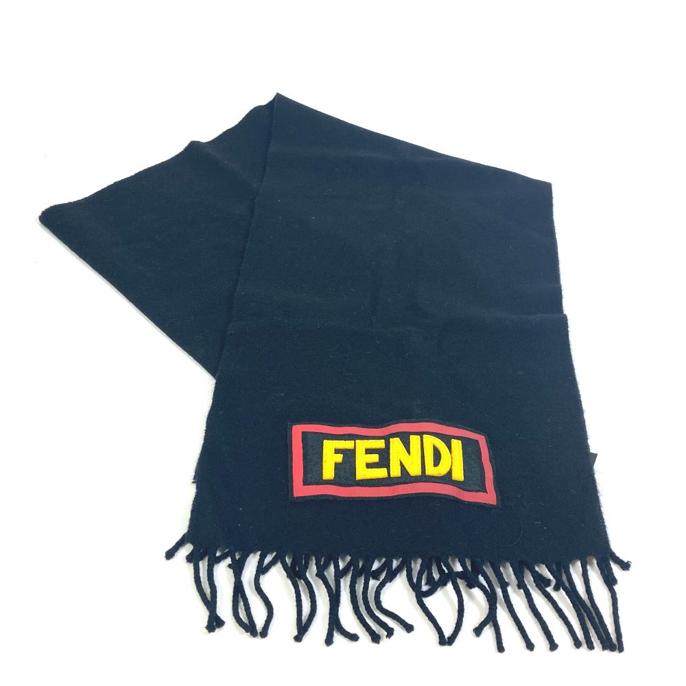 FENDI FXS124 Apparel Scarf Logo Patch Fringe Muffler Wool Men's Black