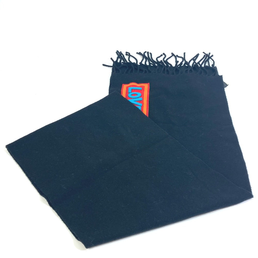 FENDI FXS124 Apparel Scarf Logo Patch Fringe Muffler Wool Men's Black