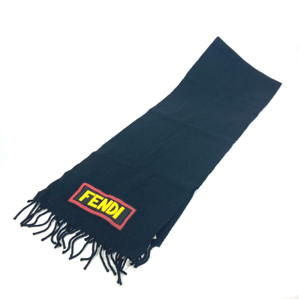 FENDI FXS124 Apparel Scarf Logo Patch Fringe Muffler Wool Men's Black