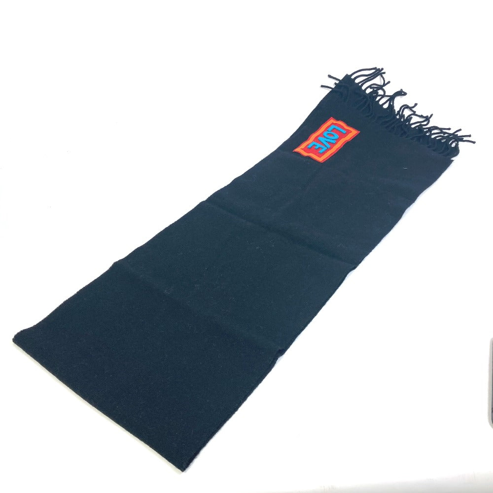 FENDI FXS124 Apparel Scarf Logo Patch Fringe Muffler Wool Men's Black