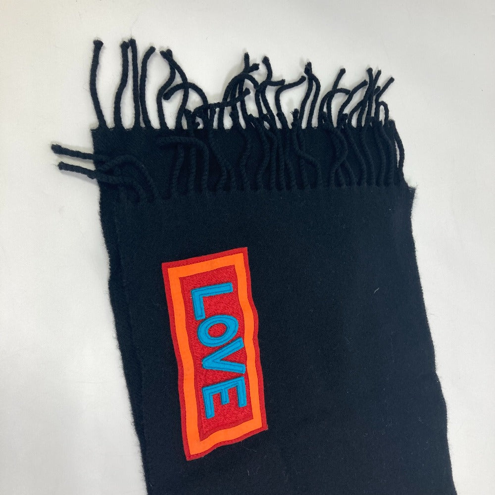 FENDI FXS124 Apparel Scarf Logo Patch Fringe Muffler Wool Men's Black