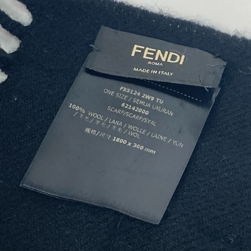 FENDI FXS124 Apparel Scarf Logo Patch Fringe Muffler Wool Men's Black