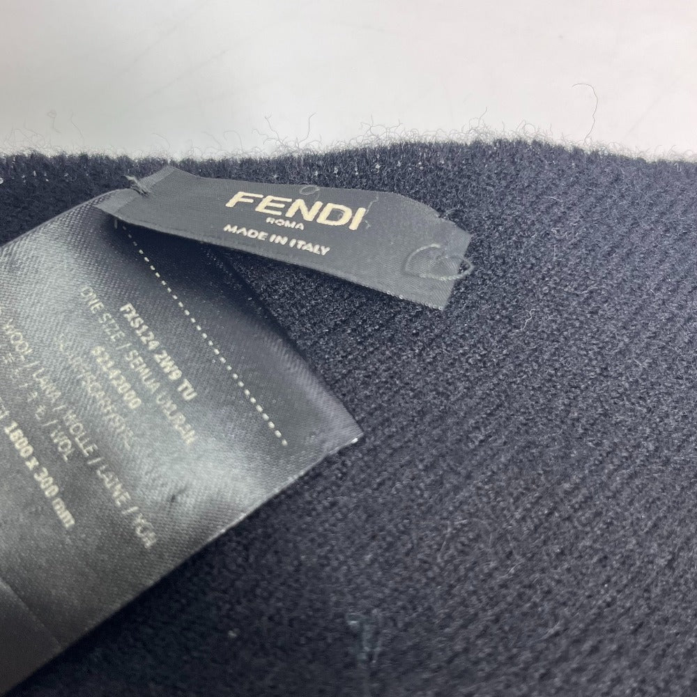 FENDI FXS124 Apparel Scarf Logo Patch Fringe Muffler Wool Men's Black