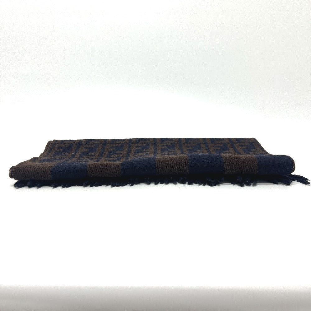 FENDI Zucca Pattern Pequin Muffler Fringe Stole Cold Weather Item Scarf Wool Women's Navy