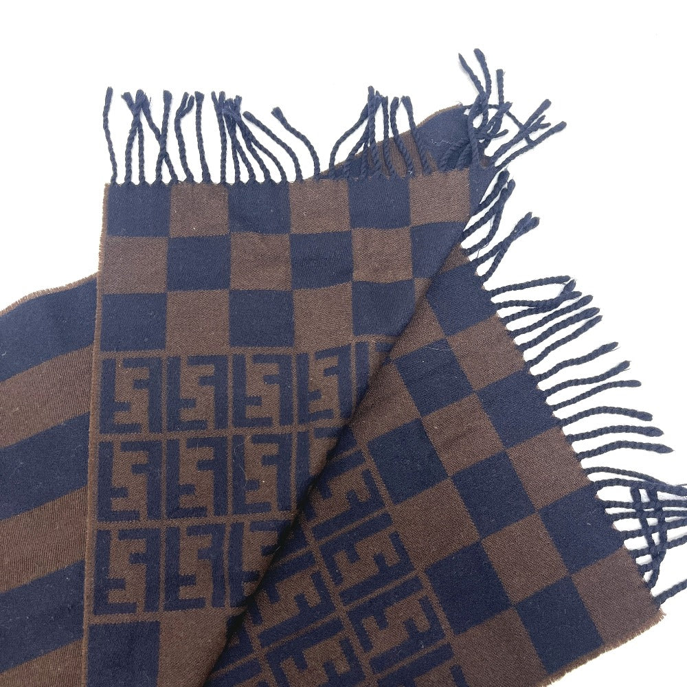 FENDI Zucca Pattern Pequin Muffler Fringe Stole Cold Weather Item Scarf Wool Women's Navy