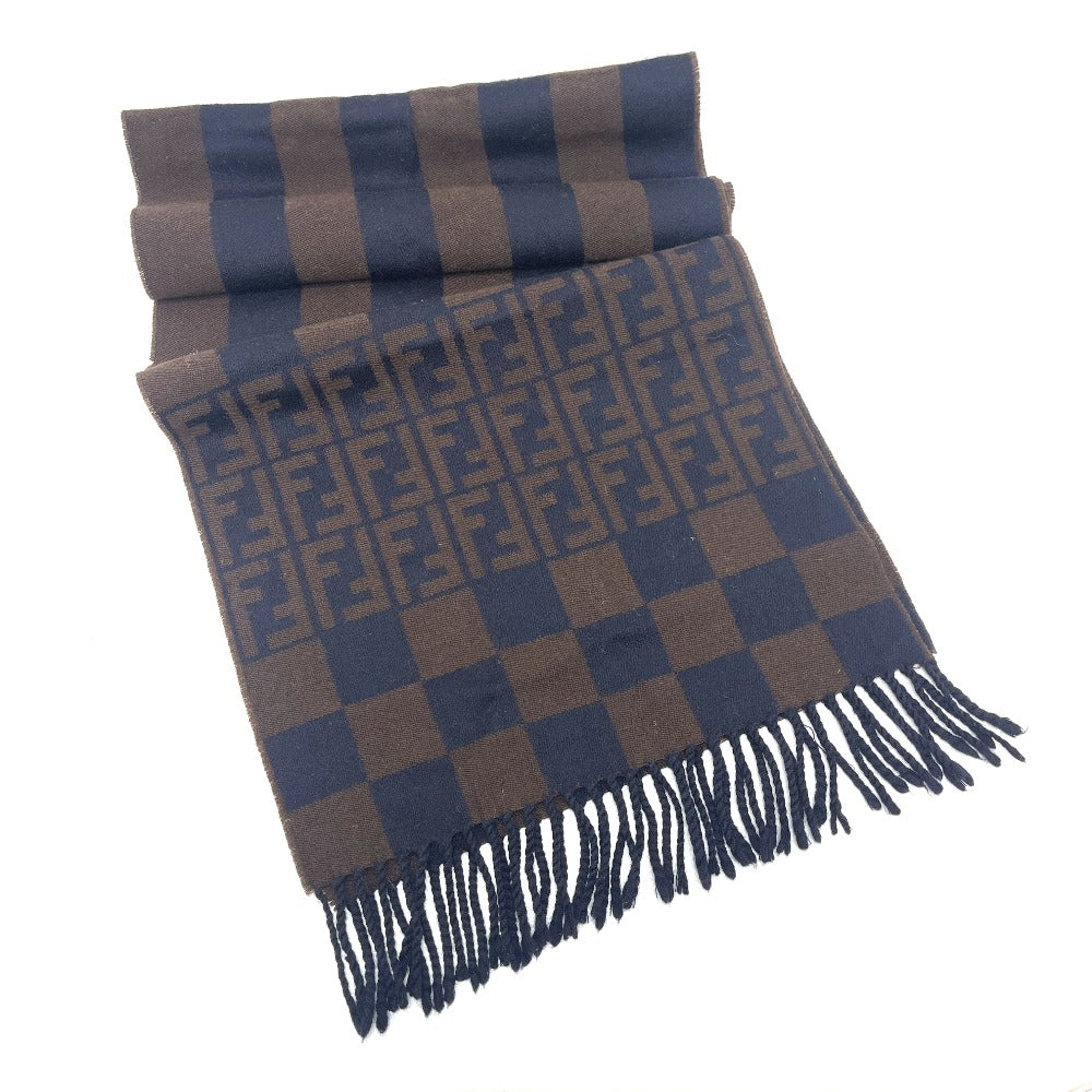 FENDI Zucca Pattern Pequin Muffler Fringe Stole Cold Weather Item Scarf Wool Women's Navy
