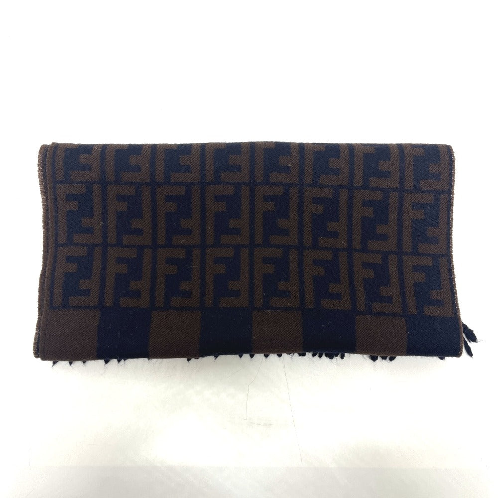 FENDI Zucca Pattern Pequin Muffler Fringe Stole Cold Weather Item Scarf Wool Women's Navy