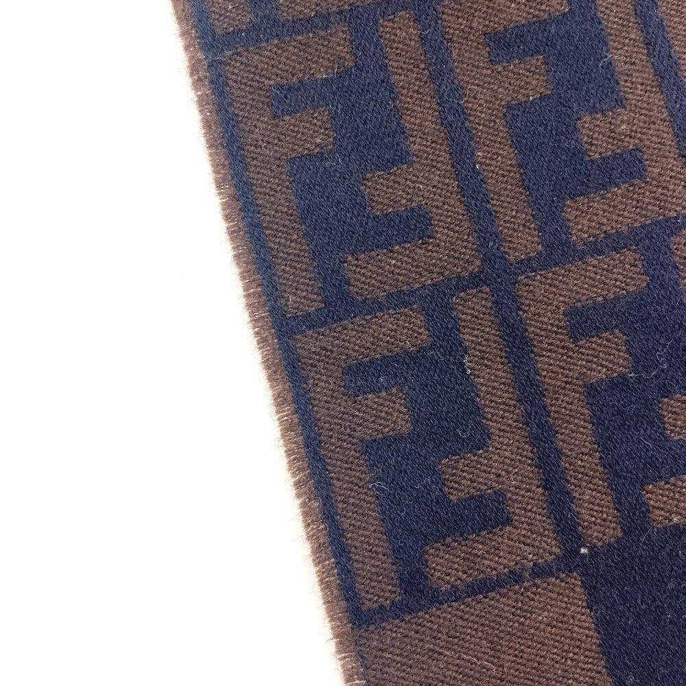 FENDI Zucca Pattern Pequin Muffler Fringe Stole Cold Weather Item Scarf Wool Women's Navy