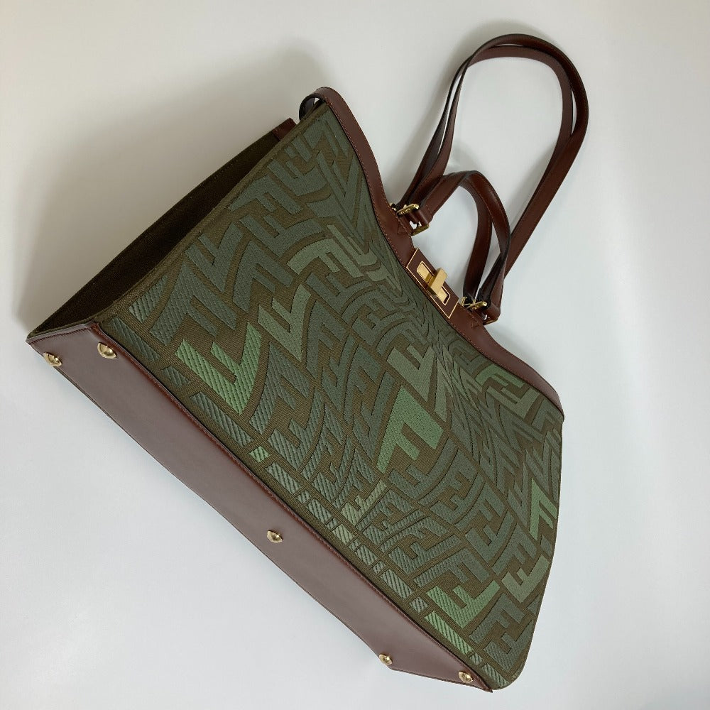 FENDI 8BH374 FF総柄 ピーカブー エックストート カバン 2WAY ショルダーバッグ トートバッグ コットン レディース グリーン