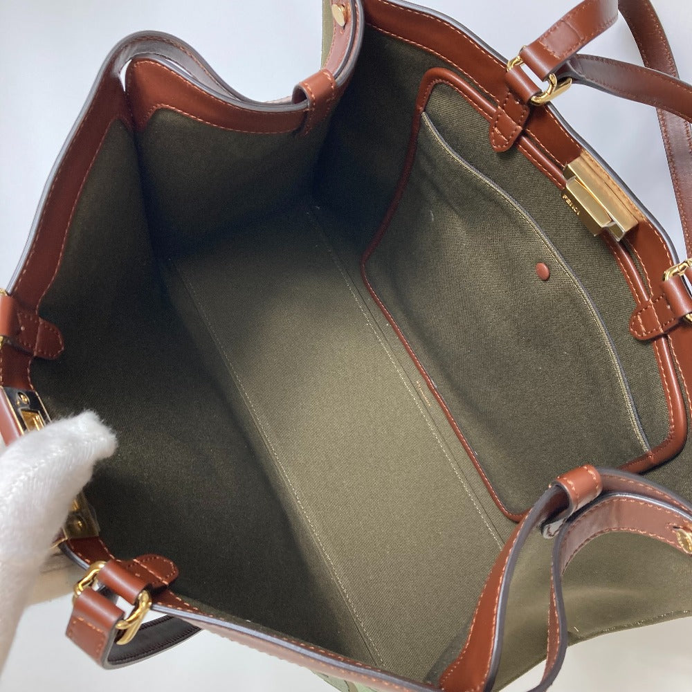 FENDI 8BH374 FF総柄 ピーカブー エックストート カバン 2WAY ショルダーバッグ トートバッグ コットン レディース グリーン