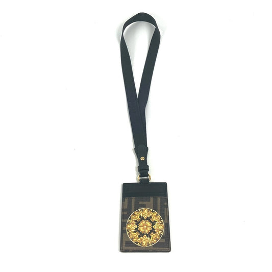 FENDI ヴェルサーチ コラボ VERSACE ロゴ フェンダーチェ FENDACE ズッカ ストラップ付 名刺入れ パスケース カードケース PVC ユニセックス ブラウン