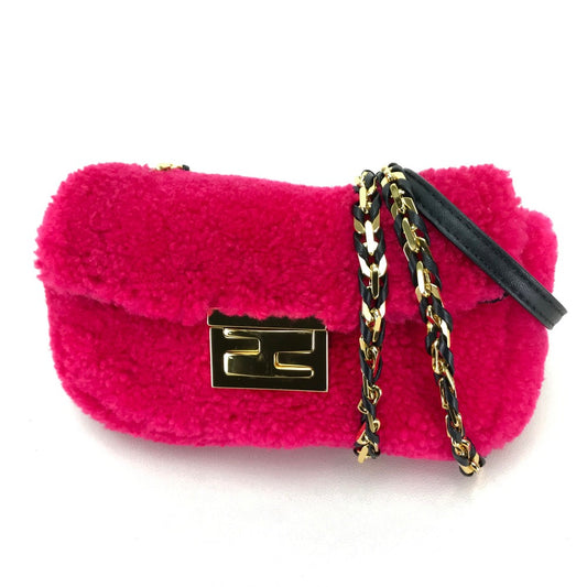 FENDI 8M0315 ミニバゲット 斜め掛け ミニ ポシェット ショルダーバッグ ムートン レディース ピンク フューシャピンク
