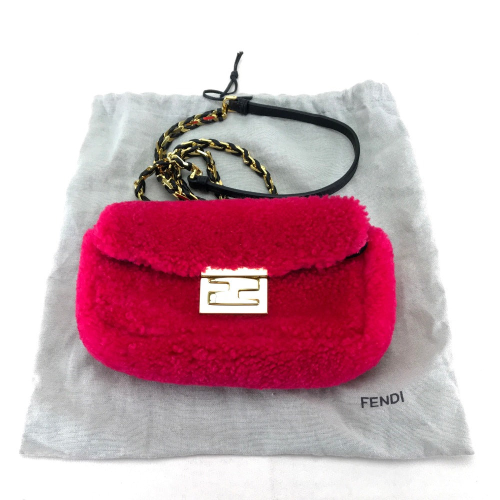 FENDI 8M0315 ミニバゲット 斜め掛け ミニ ポシェット ショルダーバッグ ムートン レディース ピンク フューシャピンク