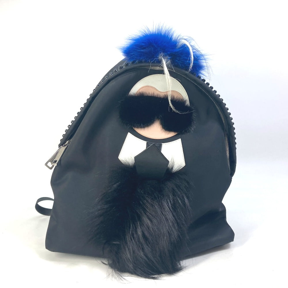 FENDI 7VZ016 Backpack, Karl Lagerfeld, Fur Studs, Nylon, Women's, Black