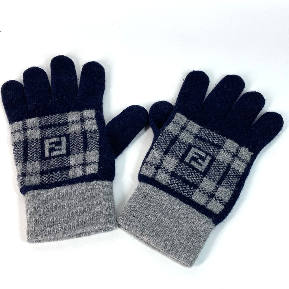 FENDI FXY010 チェック FF バイカラー ロゴ グローブ 手袋 ウール レディース ネイビー
