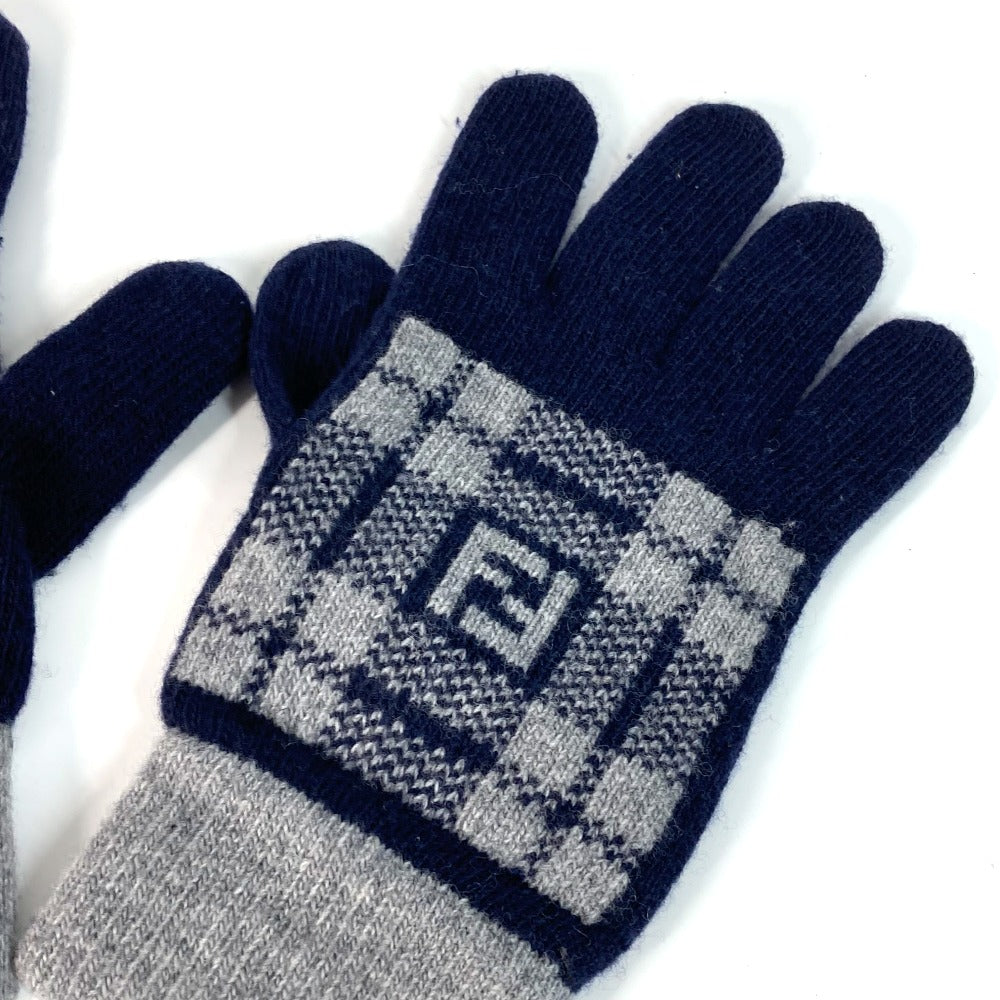 FENDI FXY010 チェック FF バイカラー ロゴ グローブ 手袋 ウール レディース ネイビー