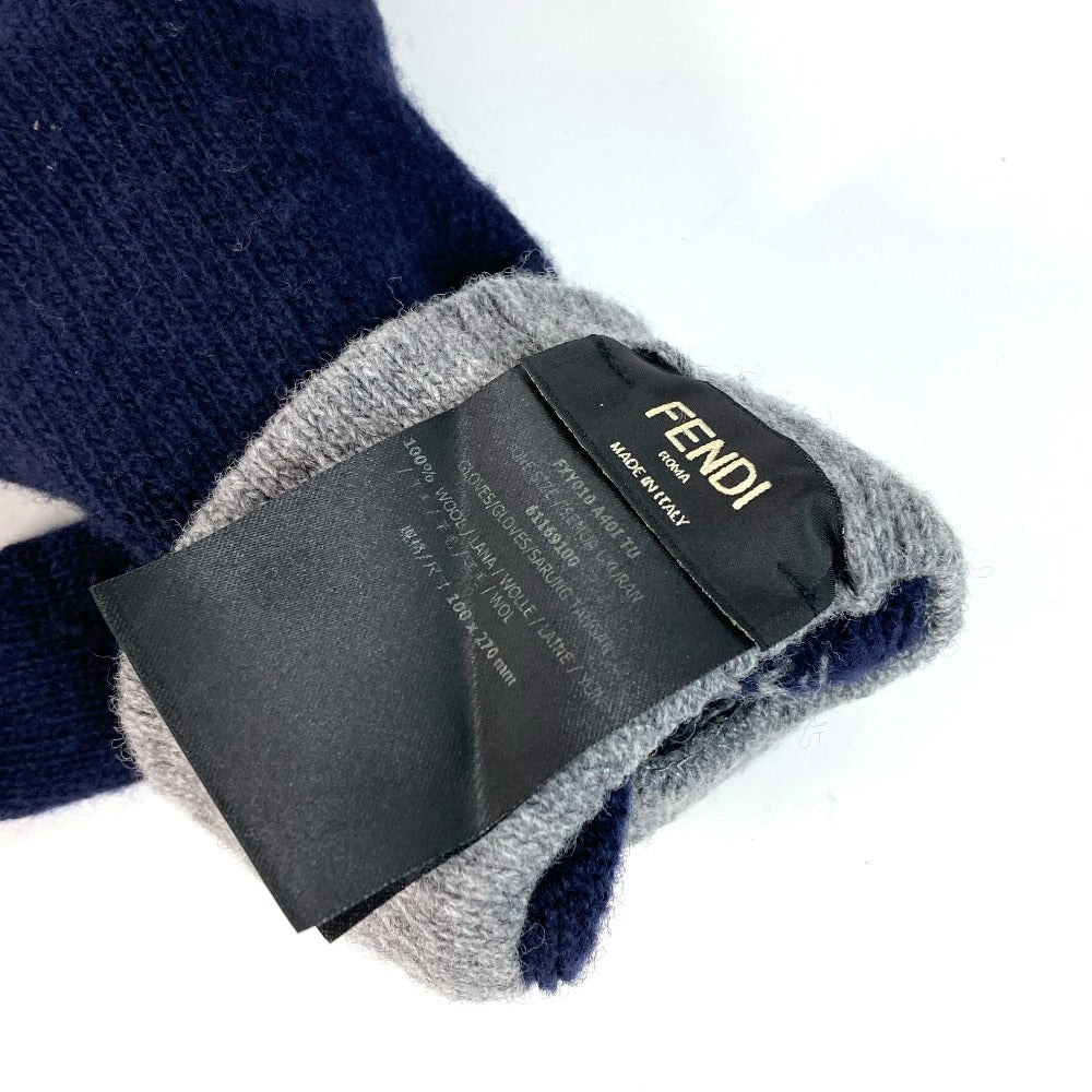 FENDI FXY010 チェック FF バイカラー ロゴ グローブ 手袋 ウール レディース ネイビー