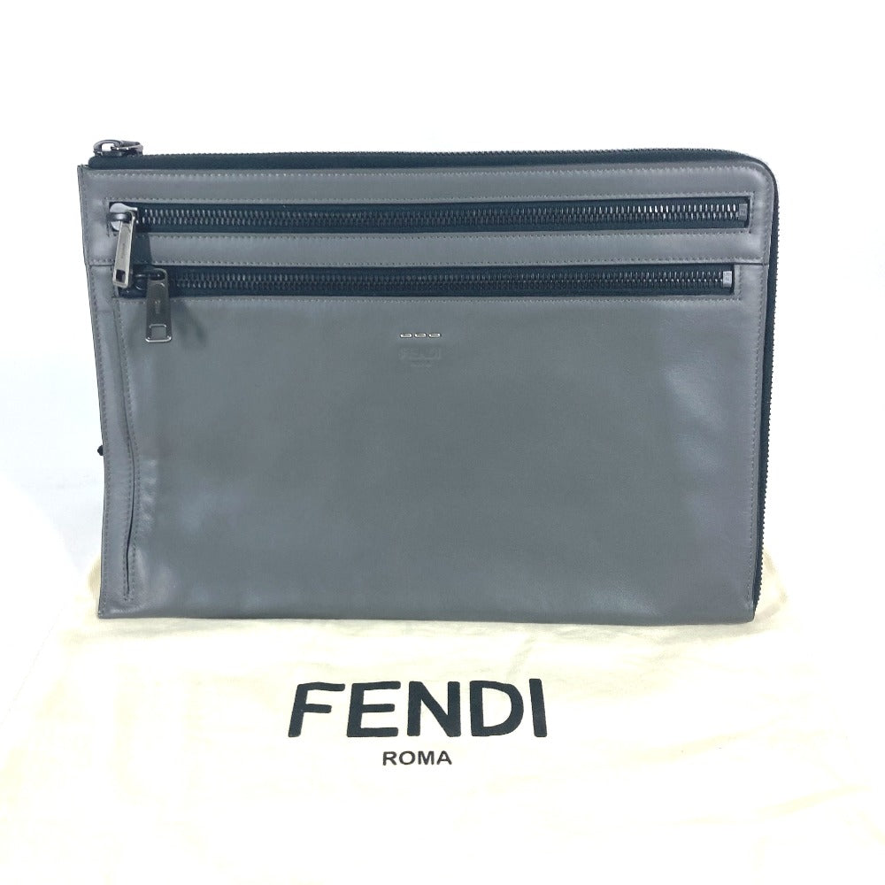 FENDI 7M0237 ジップ カバン ポーチ クラッチバッグ レザー メンズ グレー