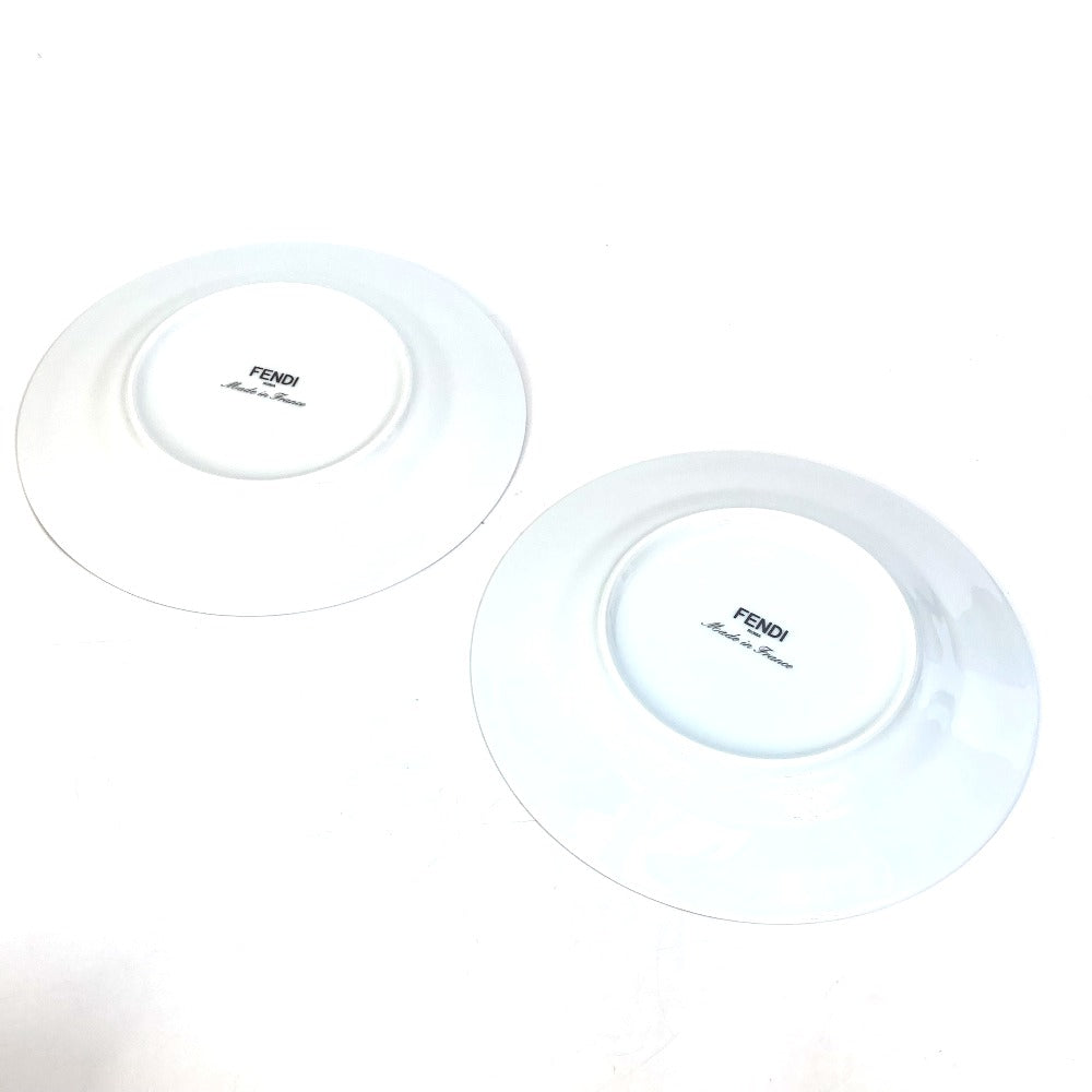 FENDI 7AC047 White Porcelain Dinnerware, Set of 2, Pair of Orlock Plates, Side Plates, Porcelain, Women's, White