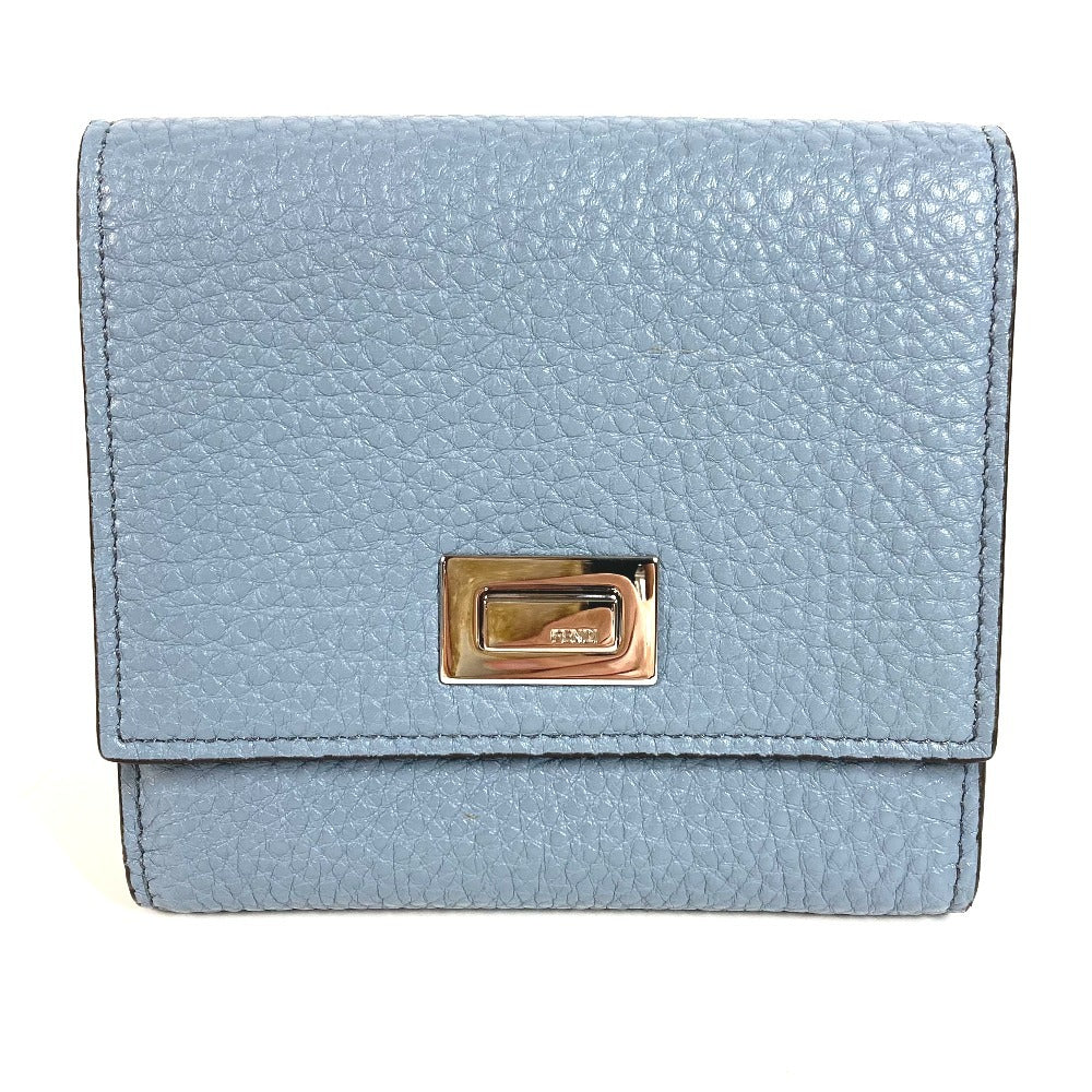 FENDI 8M0438 Peekaboo โลโก้ กระเป๋าสตางค์ใบสั้น กระเป๋าสตางค์พับสองทบ หนัง ยูนิเซ็กส์ สีฟ้า