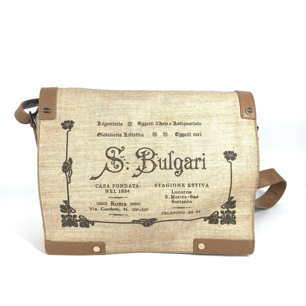 BVLGARI ロゴ 斜め掛け カバン フラップ ショルダーバッグ レザー/コーティングキャンバス ユニセックス ベージュ