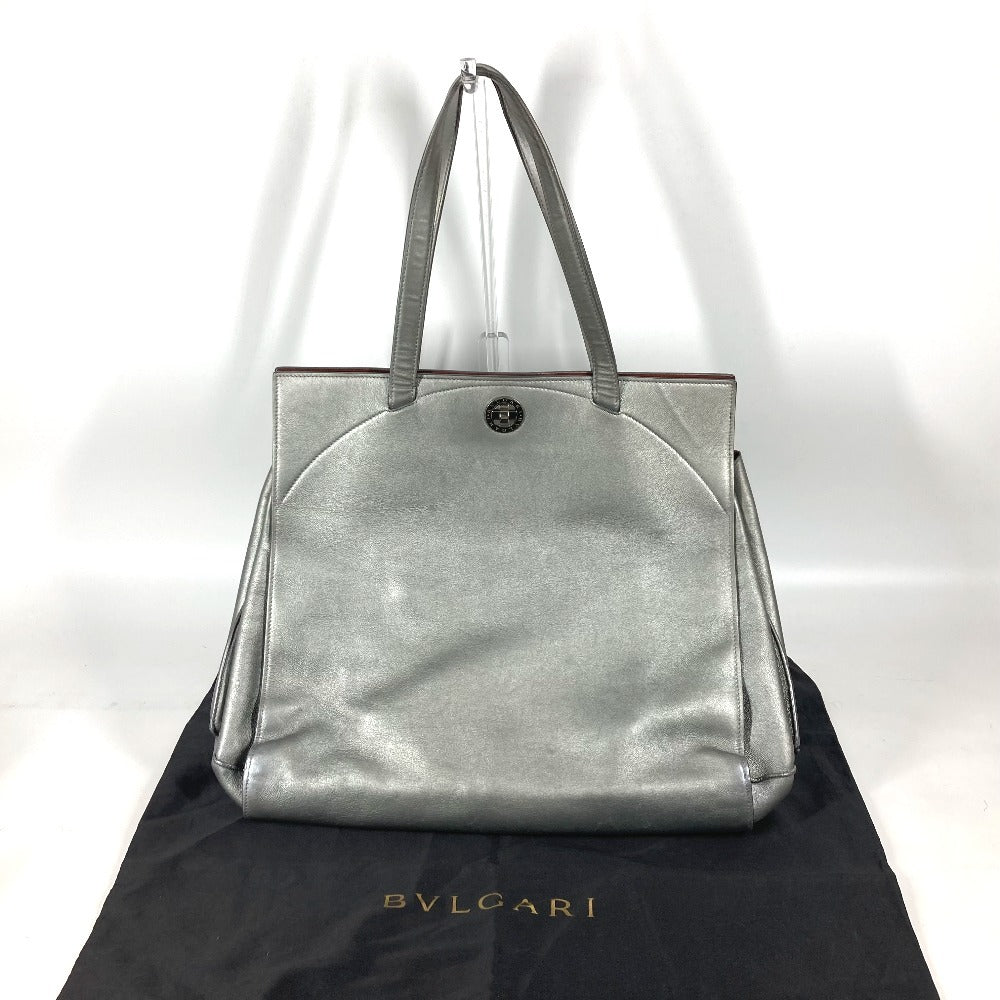 BVLGARI 肩掛け ロゴ ターンロック カバン ショルダーバッグ トートバッグ レザー ユニセックス シルバー