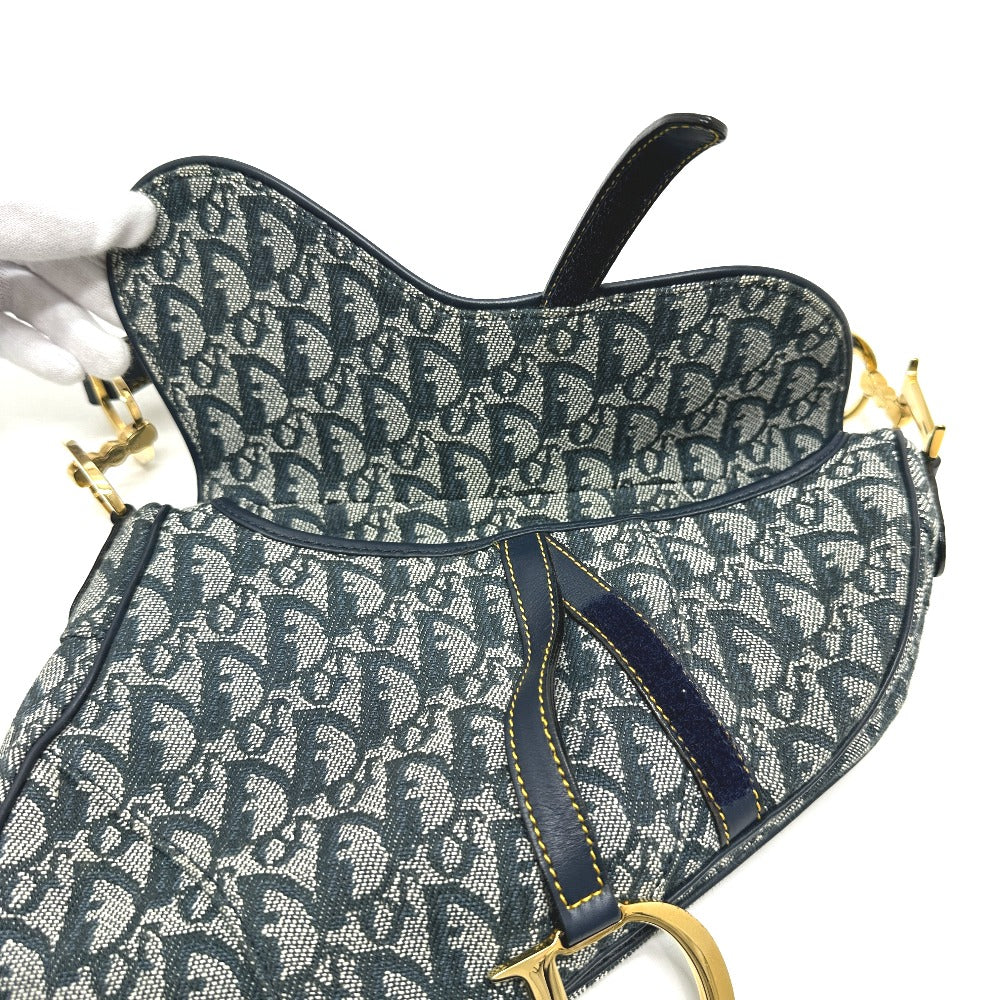 Christian Dior トロッター オブリーク サドルバッグ カバン 肩掛け バッグ ショルダーバッグ キャンバス/レザー レディース ネイビー