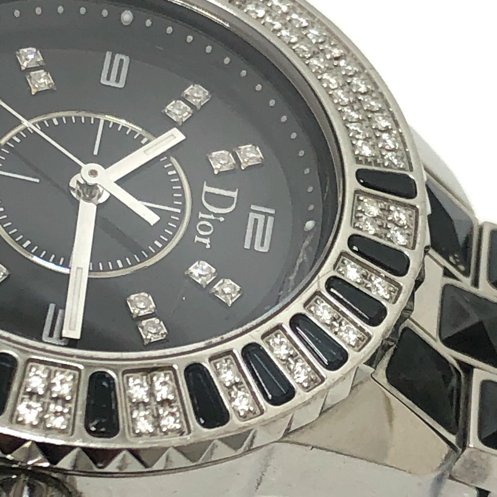 Dior CD113119 Crystal Diamond Bezel 16P Quartz Date Watch Round Face Stainless Steel Women's Silver