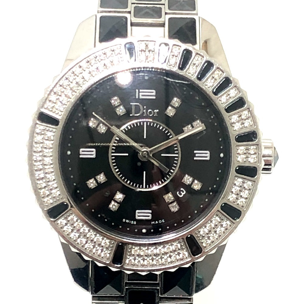 Dior CD113119 Crystal Diamond Bezel 16P Quartz Date Watch Round Face Stainless Steel Women's Silver