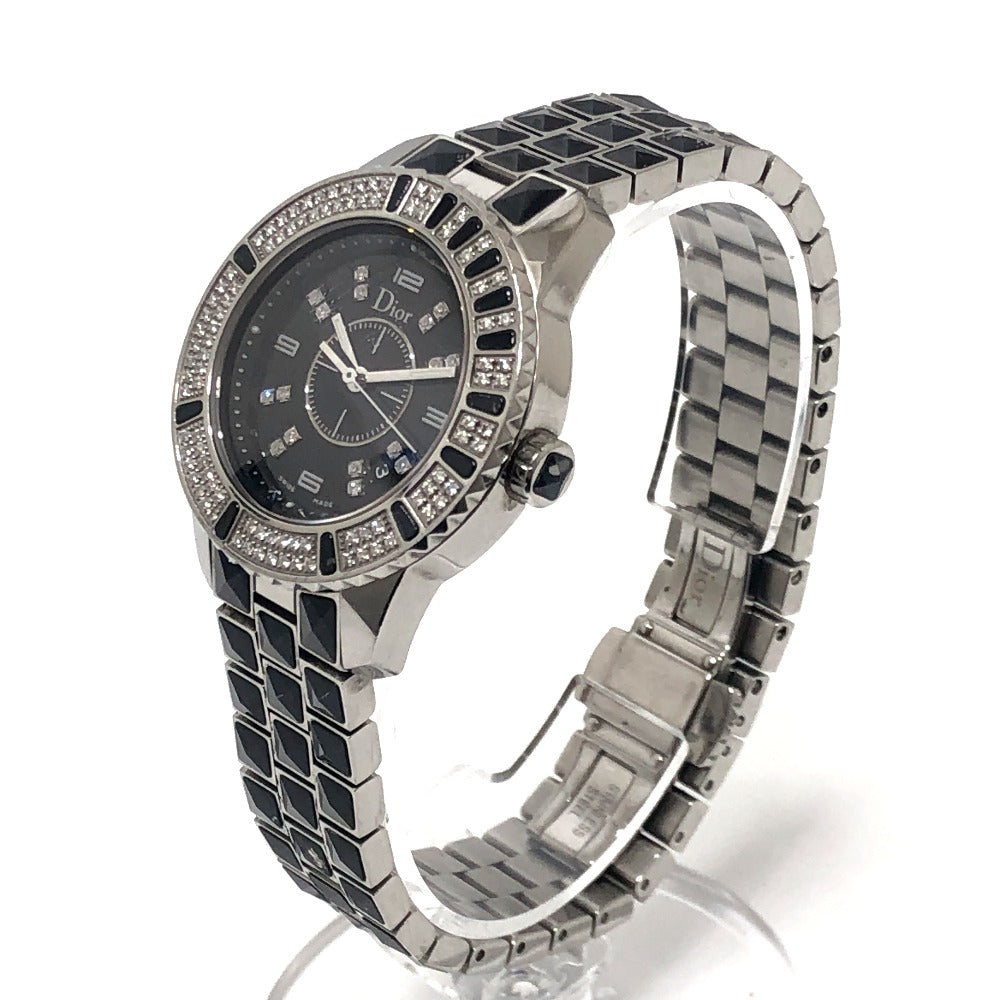 Dior CD113119 Crystal Diamond Bezel 16P Quartz Date Watch Round Face Stainless Steel Women's Silver