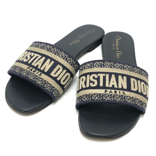 Dior Dway スライド エンブロイダリーコットン 靴 シューズ フラット ミュール サンダル ジャガード レディース ネイビー