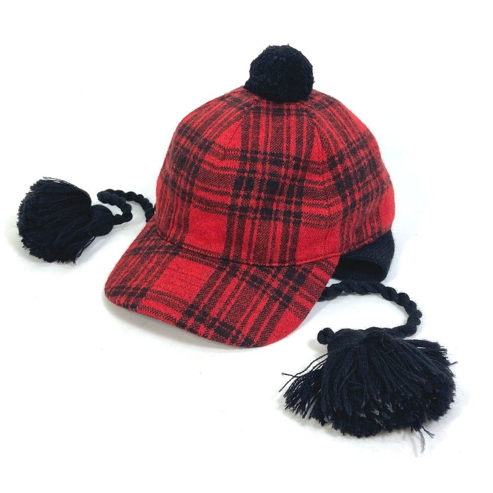 GUCCI 439029 Check Knit Cap with Pompoms, Cotton, Women's, Red