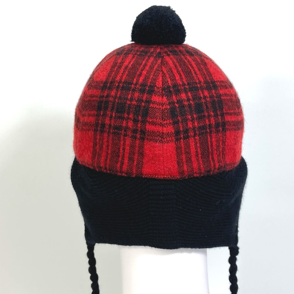 GUCCI 439029 Check Knit Cap with Pompoms, Cotton, Women's, Red