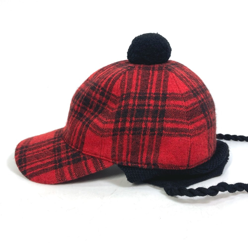 GUCCI 439029 Check Knit Cap with Pompoms, Cotton, Women's, Red