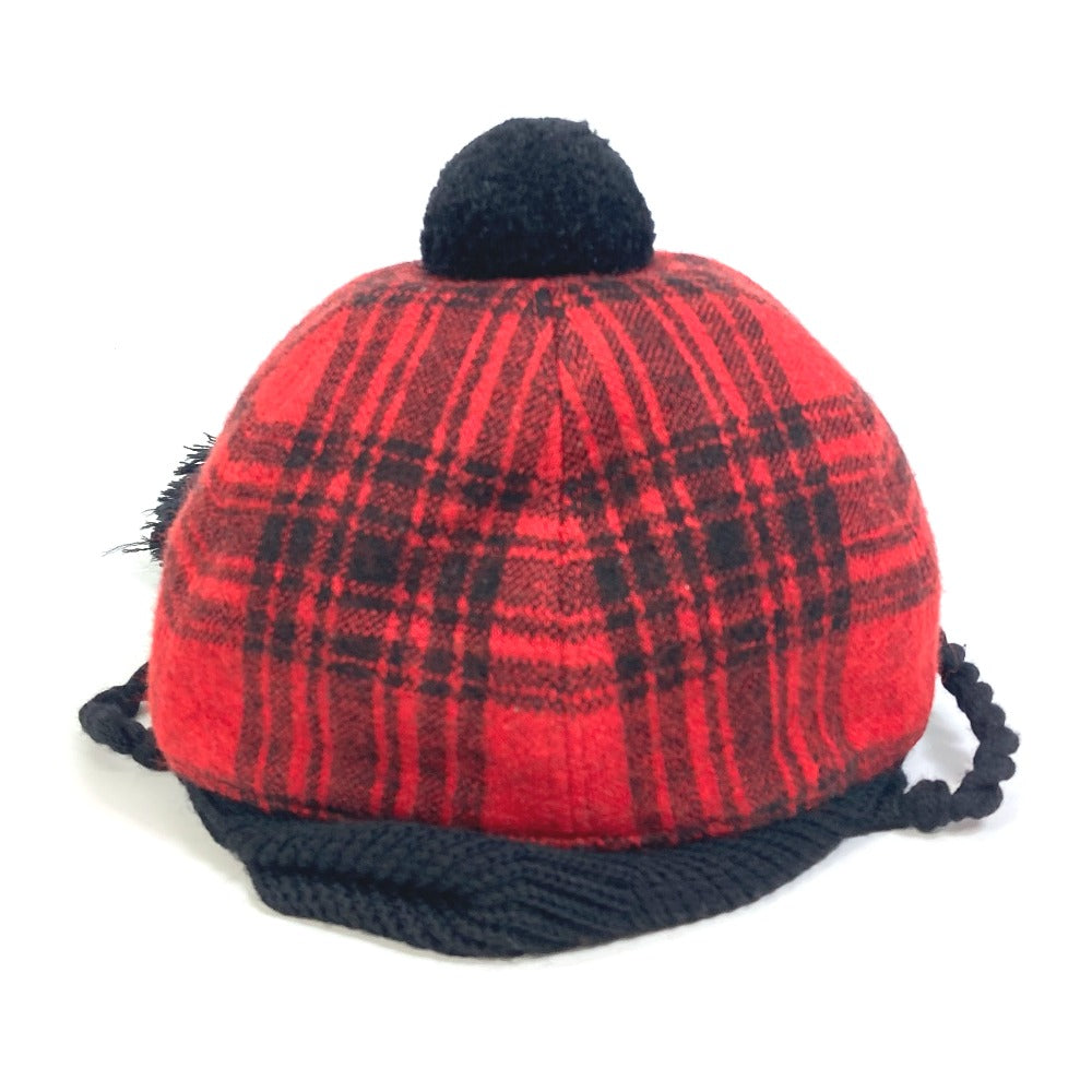 GUCCI 439029 Check Knit Cap with Pompoms, Cotton, Women's, Red