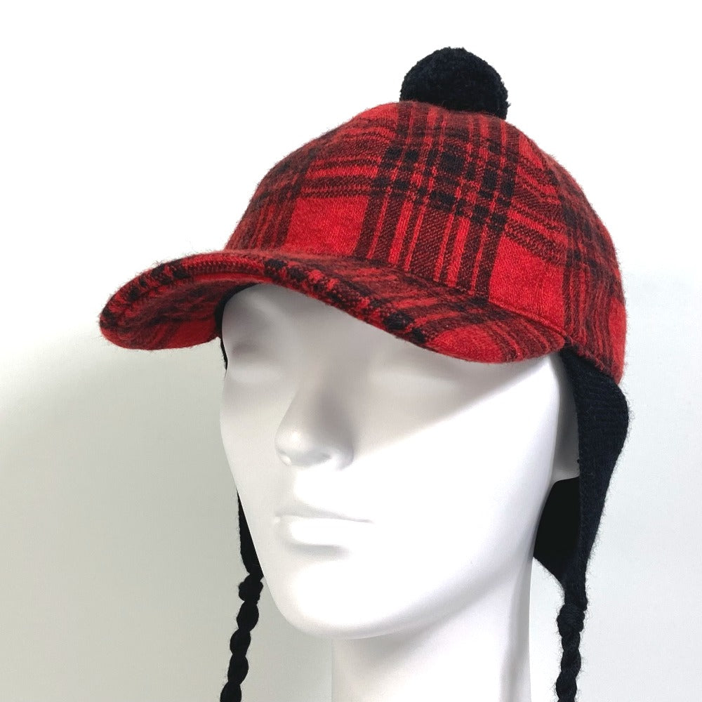 GUCCI 439029 Check Knit Cap with Pompoms, Cotton, Women's, Red