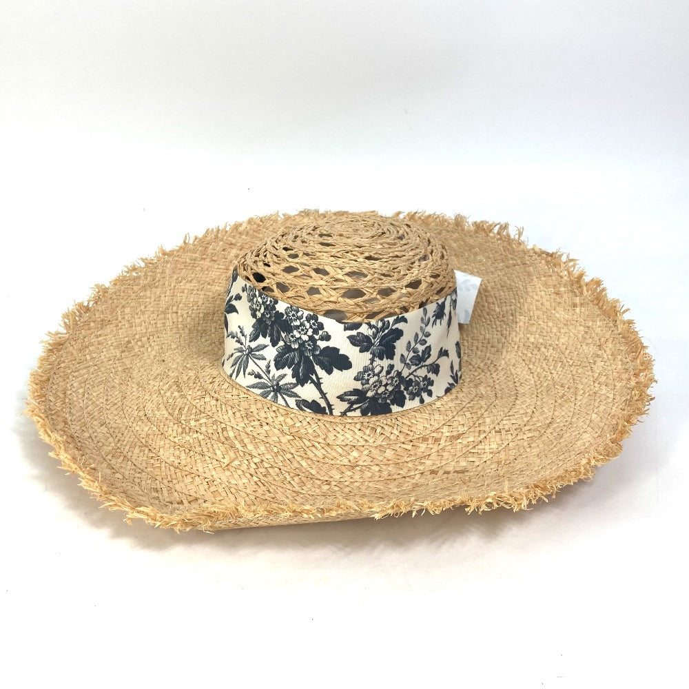 GUCCI 408789 Bucket Hat with Herbarium Ribbon Flora Straw Raffia Design, Beige, Women's