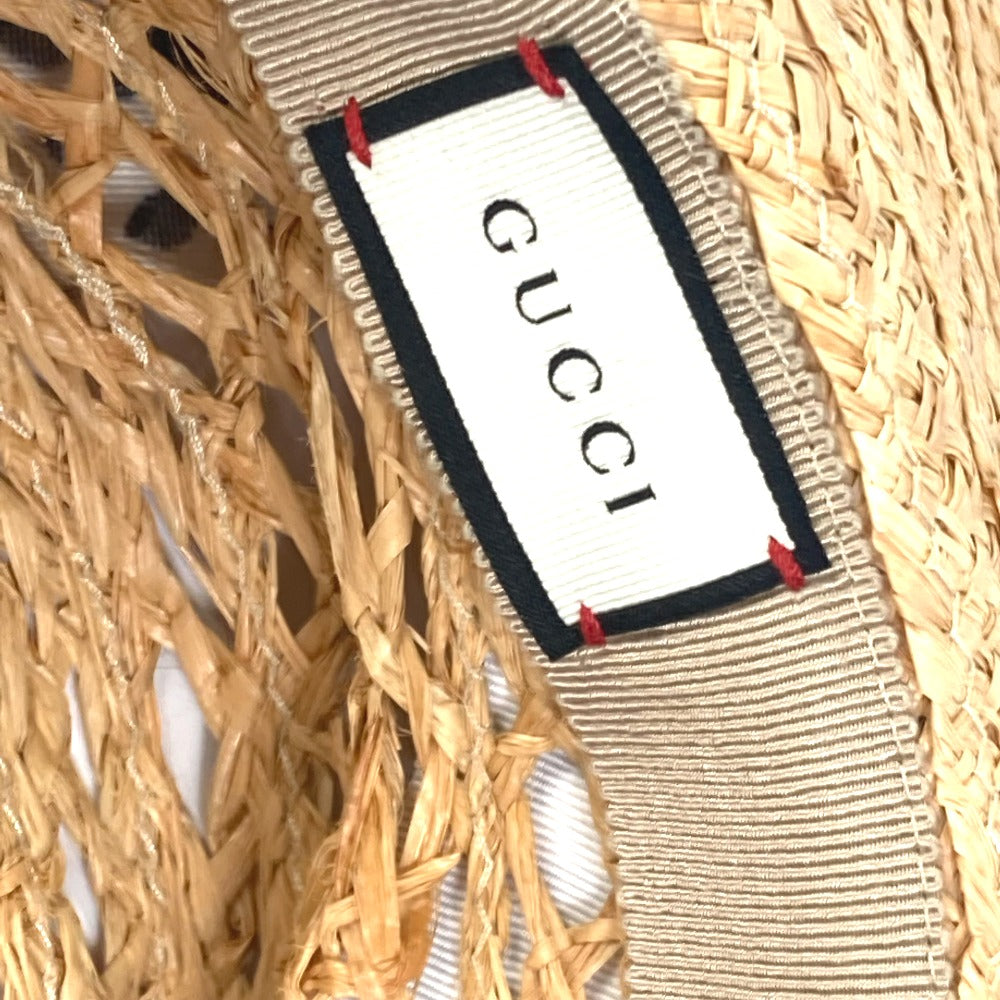 GUCCI 408789 Bucket Hat with Herbarium Ribbon Flora Straw Raffia Design, Beige, Women's