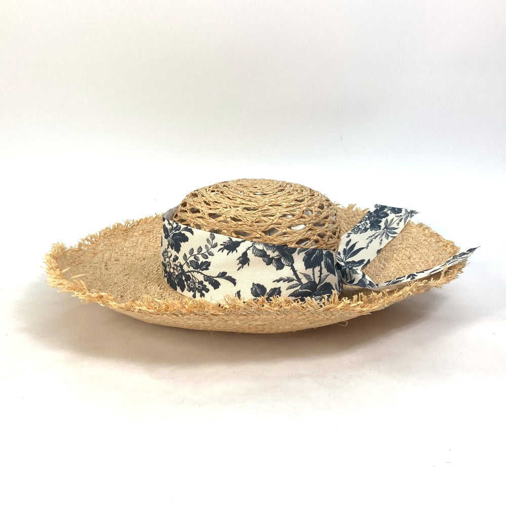 GUCCI 408789 Bucket Hat with Herbarium Ribbon Flora Straw Raffia Design, Beige, Women's