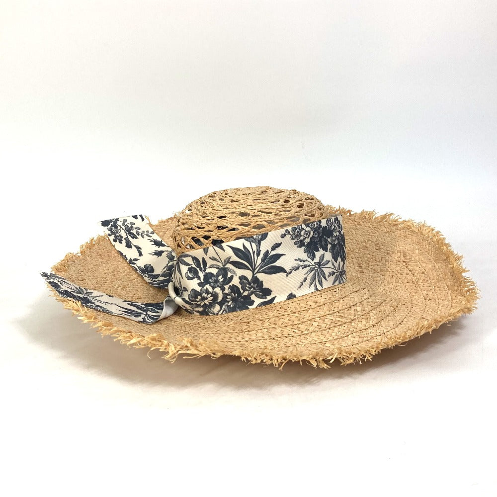 GUCCI 408789 Bucket Hat with Herbarium Ribbon Flora Straw Raffia Design, Beige, Women's