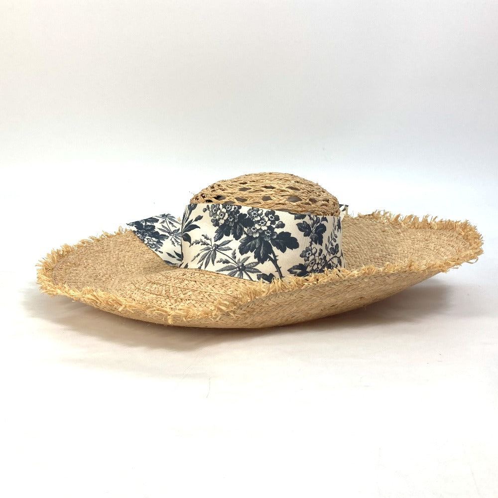 GUCCI 408789 Bucket Hat with Herbarium Ribbon Flora Straw Raffia Design, Beige, Women's