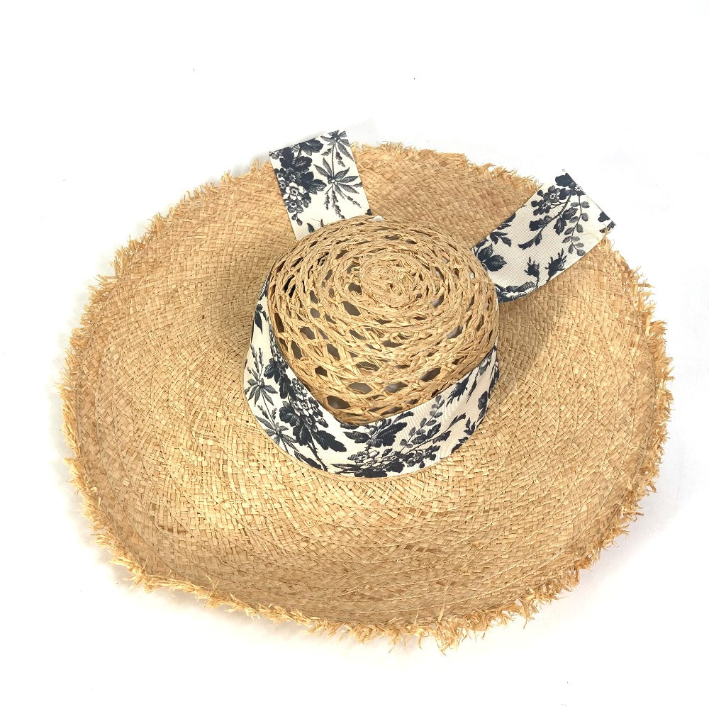 GUCCI 408789 Bucket Hat with Herbarium Ribbon Flora Straw Raffia Design, Beige, Women's