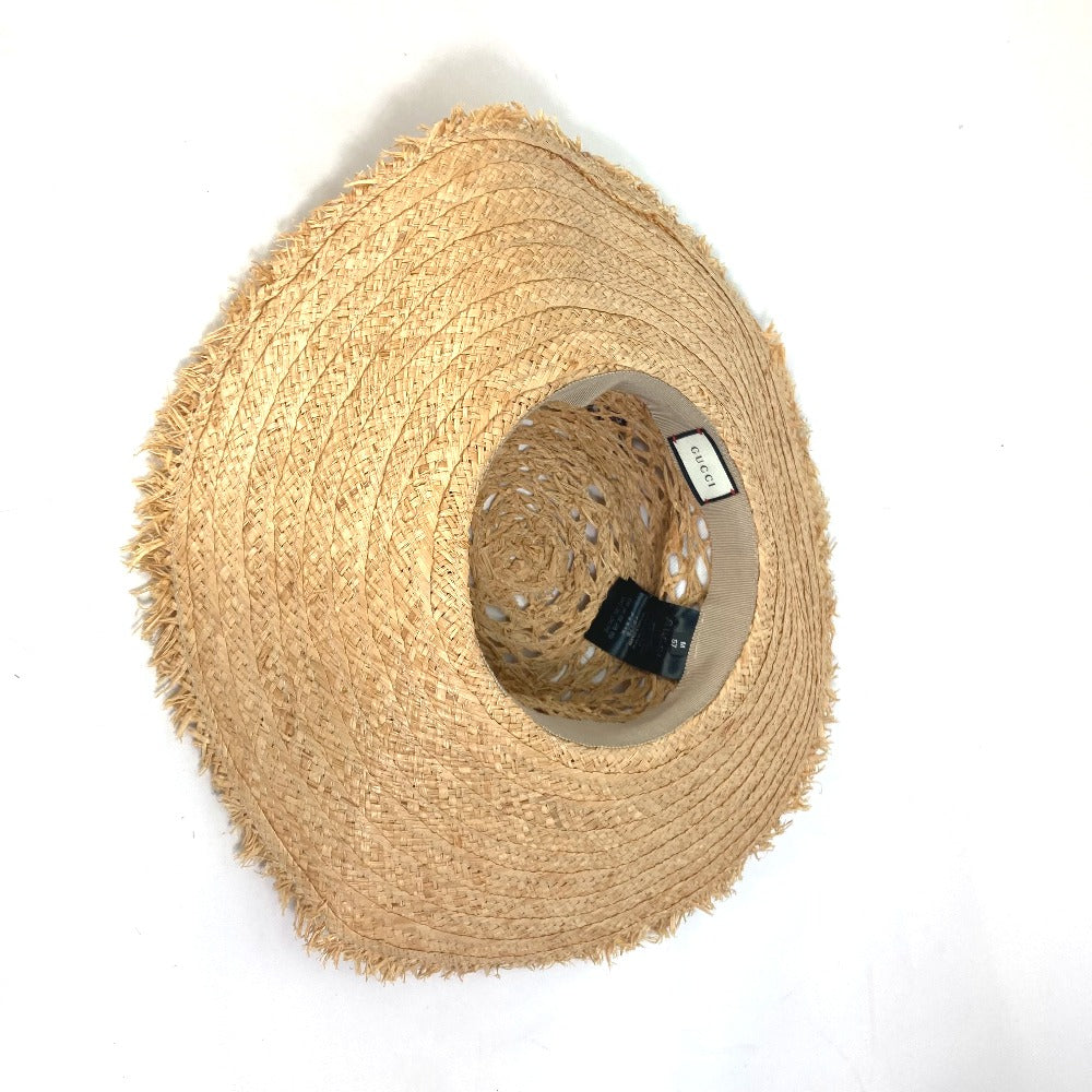 GUCCI 408789 Bucket Hat with Herbarium Ribbon Flora Straw Raffia Design, Beige, Women's