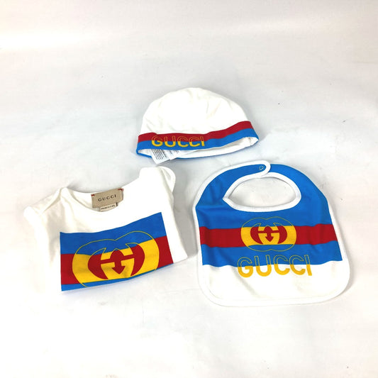 GUCCI 516326 出産祝い ベビー 赤ちゃん BABY ベビー 3ピース ギフトセット ロンパース&ニット帽&スタイ ニット帽 コットン キッズ ホワイト