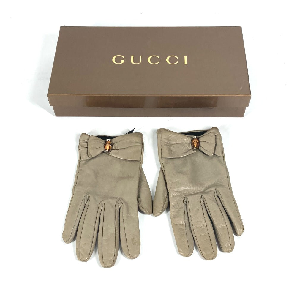 GUCCI リボン ウッド バンブー グローブ 手袋 レザー レディース ベージュ - brandshop-reference