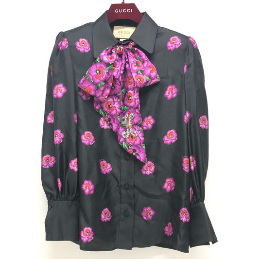 GUCCI 722304 リボン フラワーシャツ アパレル トップス スカーフ付き 肩パッド付き 長袖シャツ シルク レディース ブラック
